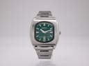 Front view of the Seiko 7006-5070 automatic watch with its green dial and rectangular stainless steel case.
