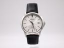 Front view of Seiko 7N42 quartz watch showing silver sunburst dial with polished baton indices and date window at 3 o'clock