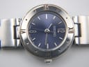Close-up front view of the Seiko navy blue dial, showing the applied baton indices and Seiko logo.