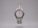 Seiko 7N89-0021 quartz watch, front view with silver dial and stainless steel bracelet.
