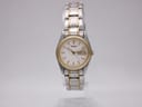 Front face of Seiko 7N83 two-tone ladies watch with white dial and day-date.