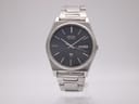 Front view of the silver Seiko 6923-8000 quartz watch with navy dial.