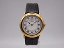 Front view of the Seiko 5Y32-6A20 watch with a gold-tone case, white dial, and dark brown leather strap.