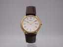 Front view of Seiko 5Y39-8060 gold tone quartz watch with white Roman numeral dial and brown leather strap.