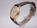 Angled side view of the Seiko watch on a display stand, showcasing its slender gold-plated case and brown leather strap.