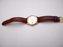 Full front view of the Seiko watch with the brown leather strap laid flat on a white surface.