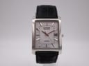 Straight front view of the Citizen Eco-Drive rectangular watch, showing its white dial, silver case, and black leather strap.