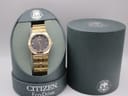Front view of the Citizen Eco-Drive watch in its original grey cylindrical box.