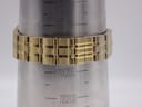 The gold-tone bracelet of the Citizen Eco-Drive watch on a wrist sizing gauge, showing approximately 203mm.