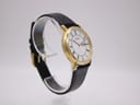 Opposite angled side view of the Citizen Eco-Drive watch on a stand, showing the black leather strap and gold buckle.
