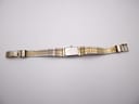 Full overhead view of the Citizen watch with its gold-tone textured bracelet laid flat, showing the case back.