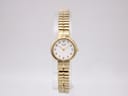 Front view of the gold tone Citizen quartz watch with white dial and Arabic numerals on a clear display stand.