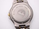 Detailed view of the titanium case back of the Lorus watch, showing engravings for model YT57-X007, movement origin, water resistance, and Lorus logo.