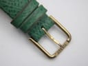 Detailed close-up of the gold-tone buckle, clearly signed with 'TISSOT', on the green leather watch strap.