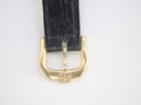 Close-up of the gold-tone buckle and the black leather strap's keeper, which features an embossed 'RW' logo.
