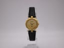 Front view of gold Westar quartz watch with champagne dial and diamond markers on a black leather strap.