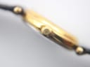 Side view close-up of the gold-tone watch case and crown.