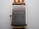 Close-up of the brushed stainless steel case back, showing 'MVMT Signature Square', serial number, 'Japan Movement', 'All Stainless Steel', and '5ATM Water Resistant' engravings.