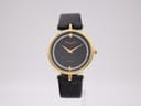 Front view of Raymond Rone Premiere watch with gold-plated case, black dial, and diamante bezel on a black leather strap.