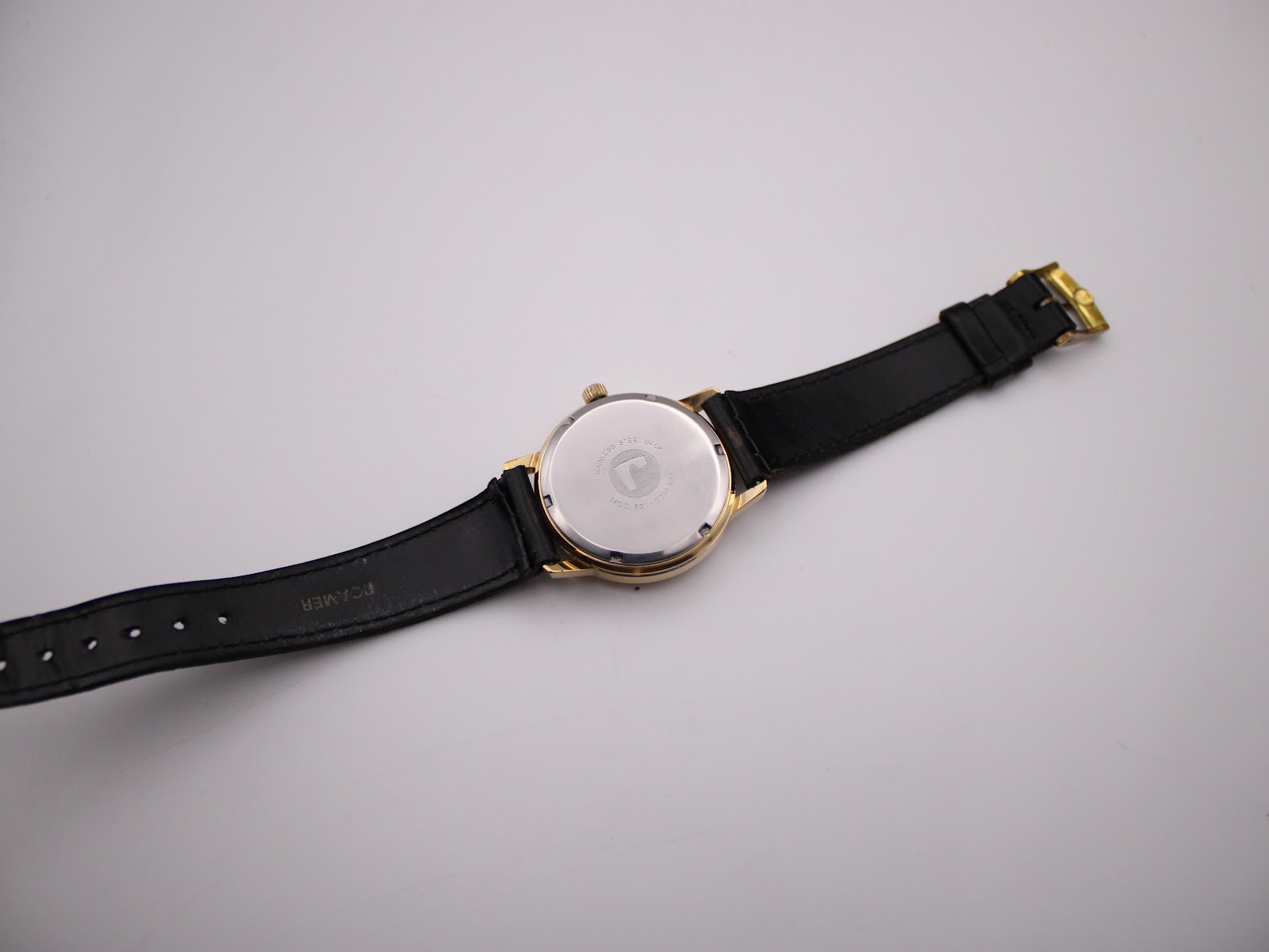 Full length view of the Roamer Searock watch from the case back, showing the entire strap.