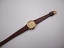 Overhead full view of the Rado Silhouette watch with its brown lizard-grain leather strap fully extended.