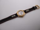 Full overhead view of the Michel Jordi watch on a display stand, highlighting the design of the case and the length of the strap.