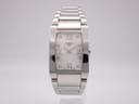 Front view of the Tissot t007309 a watch with white mother-of-pearl dial, diamond markers, and steel bracelet on a stand.