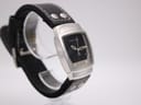 Another angled side view of the Hamilton H163110 watch, highlighting the case shape and black leather strap.