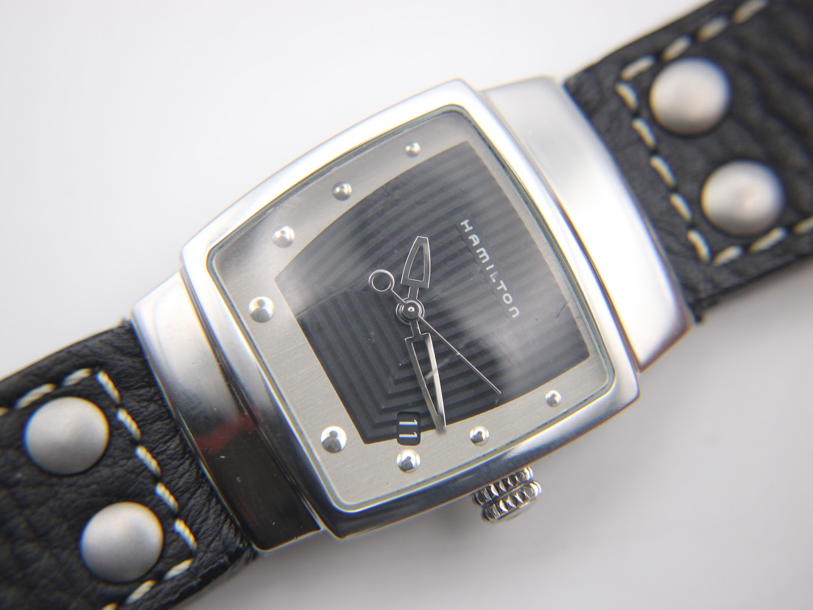 Top-down close-up of the Hamilton H163110 dial and case, showing the dial texture and applied indices.