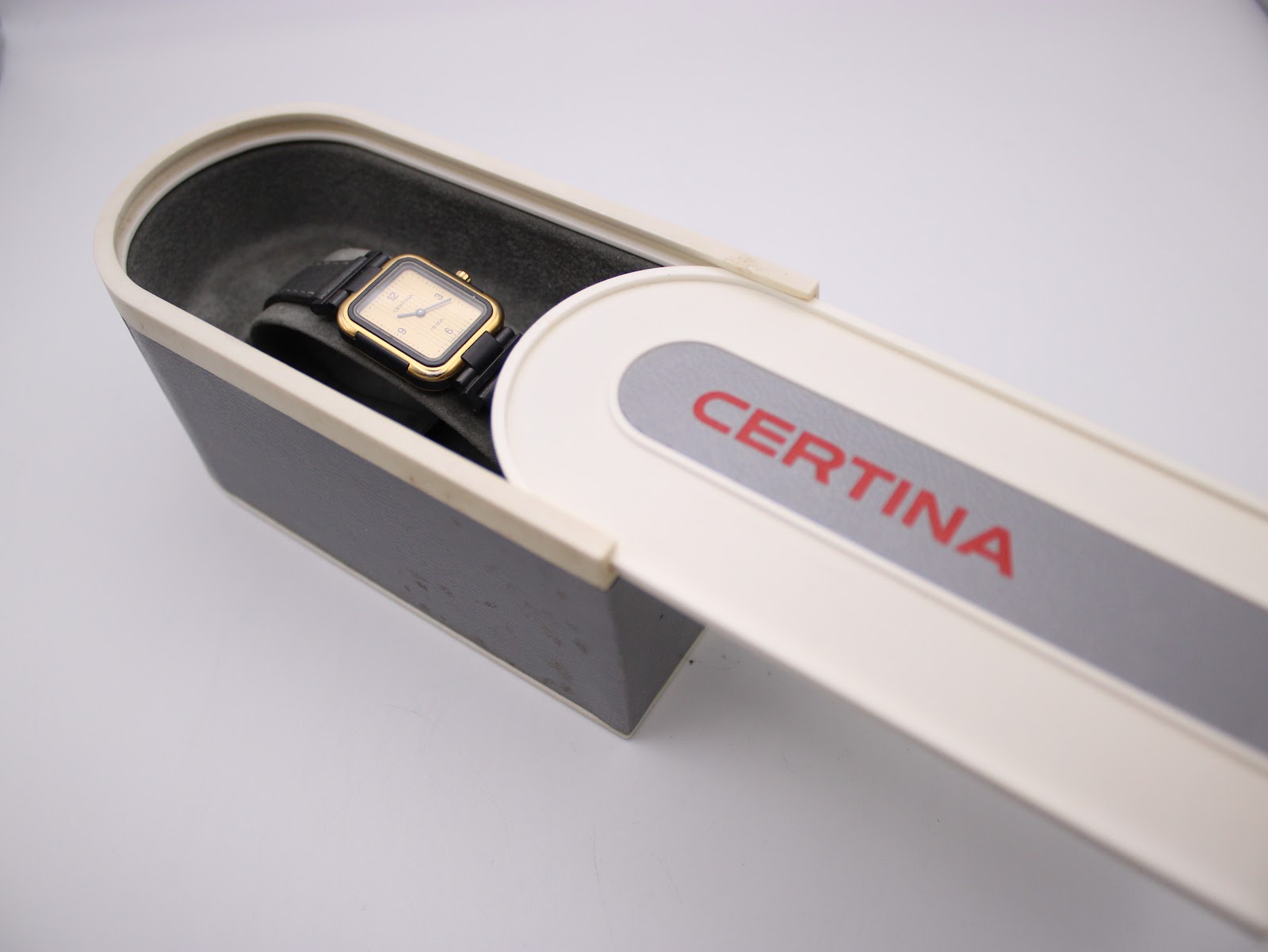 Certina Ibiza watch in its original grey and white Certina box with the lid partially open