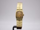 Front-on view of the Rotary ladies' rectangular gold-plated watch on a display stand, showcasing the champagne dial.
