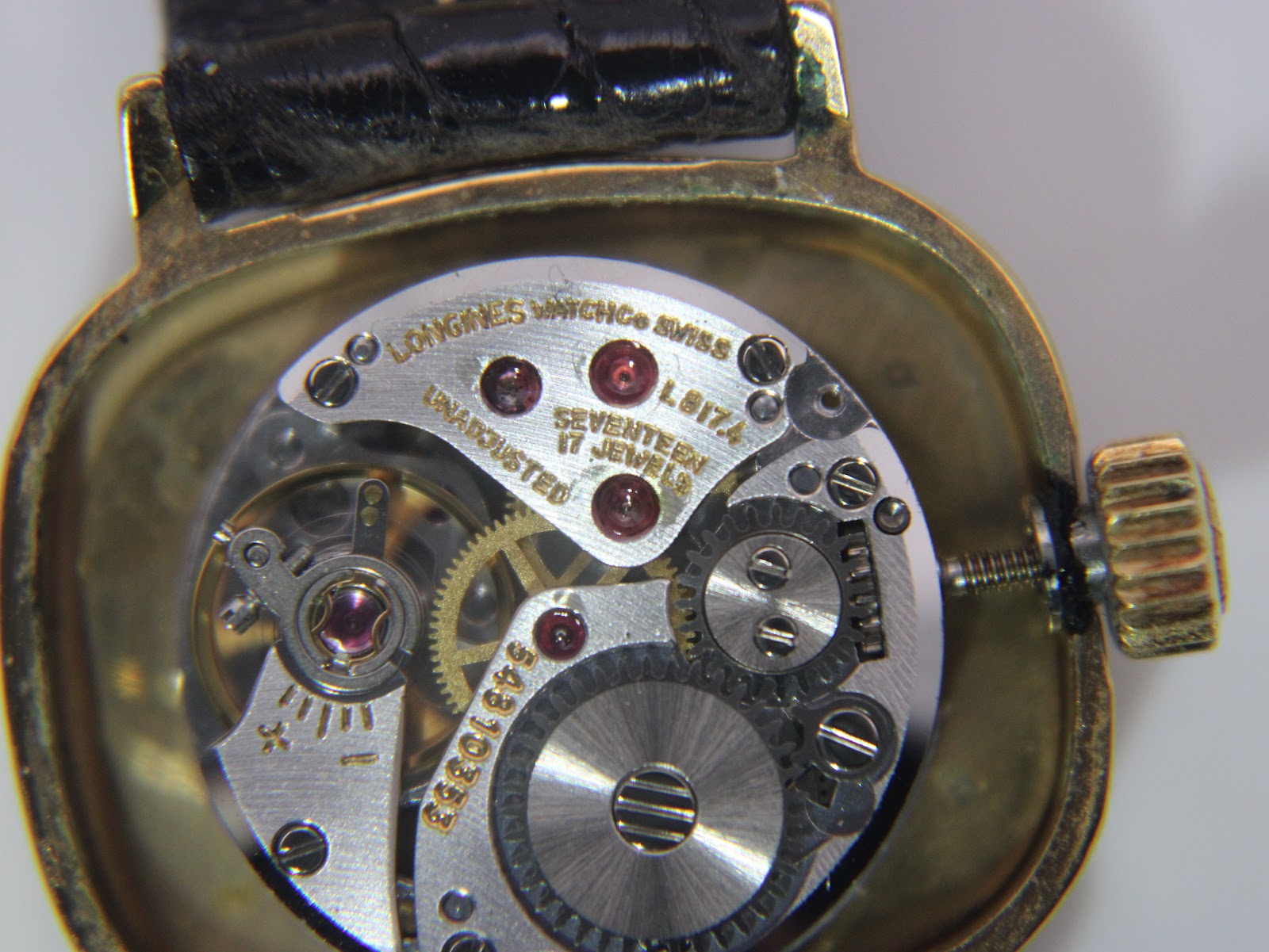 Close-up of the Longines L817.4 manual wind movement with 17 jewels and serial number 54310353.
