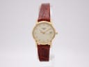 Front view of the Longines L4.197.2 watch with gold case, cream dial, and brown leather strap on a white background.