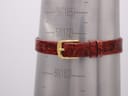 The brown leather strap fastened around a wrist sizing gauge, showing it fits approximately 172mm (57 units).