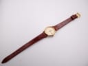 Full overhead view of the Longines watch and its brown leather strap laid flat on a white surface.