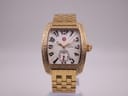 Front view of the gold-tone Michele Mini Urban watch with diamond-set bezel, white textured dial, and black Arabic numerals.