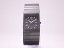 Close-up side view of the Rado Diastar, highlighting the sleek black ceramic case, crown, and integrated bracelet design.