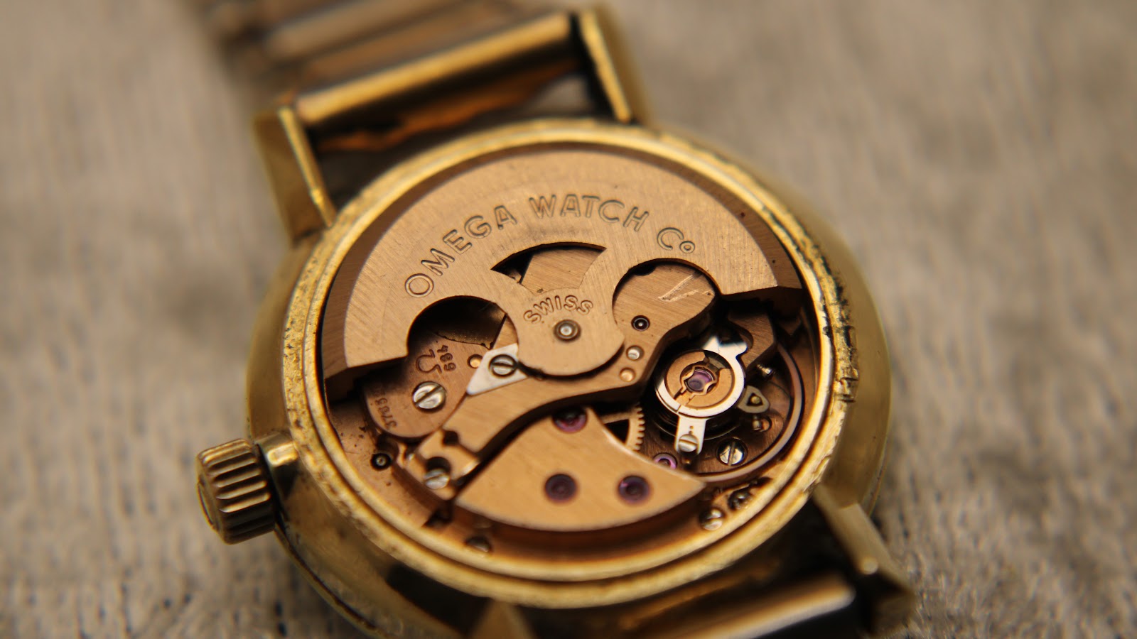 Close-up of the open case back revealing the Omega automatic calibre 684 movement.