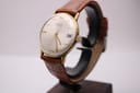 Front 3/4 view of the gold-tone Magna 21 Jewels watch on a display stand, with a silver dial, gold baton markers, and a brown leather strap.