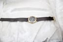 Full length top-down view of the Gucci 3000M watch, displaying the black dial and brown leather strap on a white background.