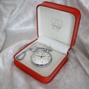 Open case back revealing Oris 17 jewels Swiss manual wind movement.