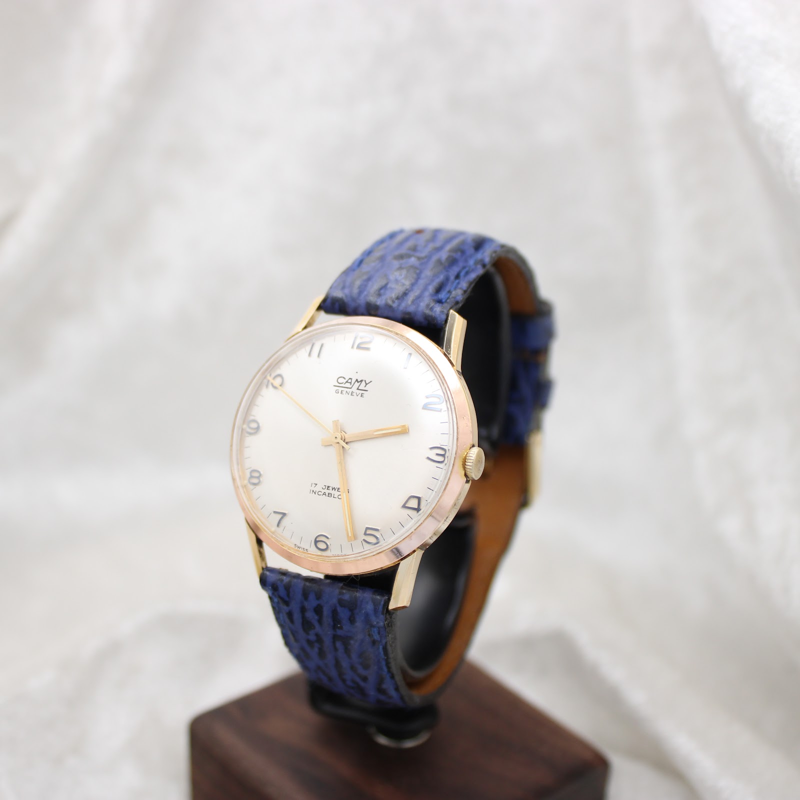 The Camy Geneve watch displayed on a small wooden stand, offering a three-quarter view of the dial, case, and strap.