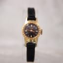 Front view of a gold plated Oris ladies' watch with a black dial and gold petal indices, displayed on a clear stand.