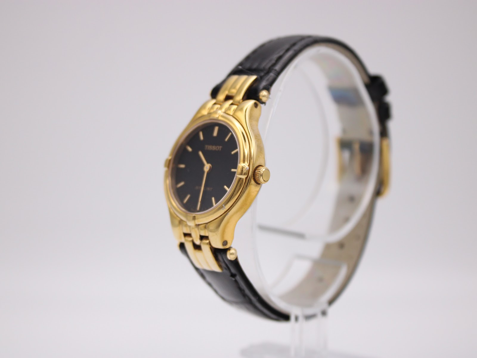 Tissot Stylist watch, side profile showing case thickness and crown.