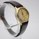 Angled three-quarter view of the Tissot Seastar watch, showing the left side of the gold-tone case and brown leather strap.