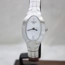 Front view of Tissot L720 ladies' watch with white mother-of-pearl dial and diamond indices, on a stand.