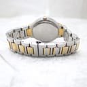Rear view of the watch and two-tone bracelet, showing the stainless steel case back and signed fold-over clasp.