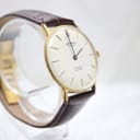 Another angled view showing the Rotary watch dial, gold-tone case, and brown leather strap.