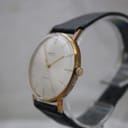 Angled side view of the Mainstay watch showing the gold-plated case and the domed acrylic crystal.
