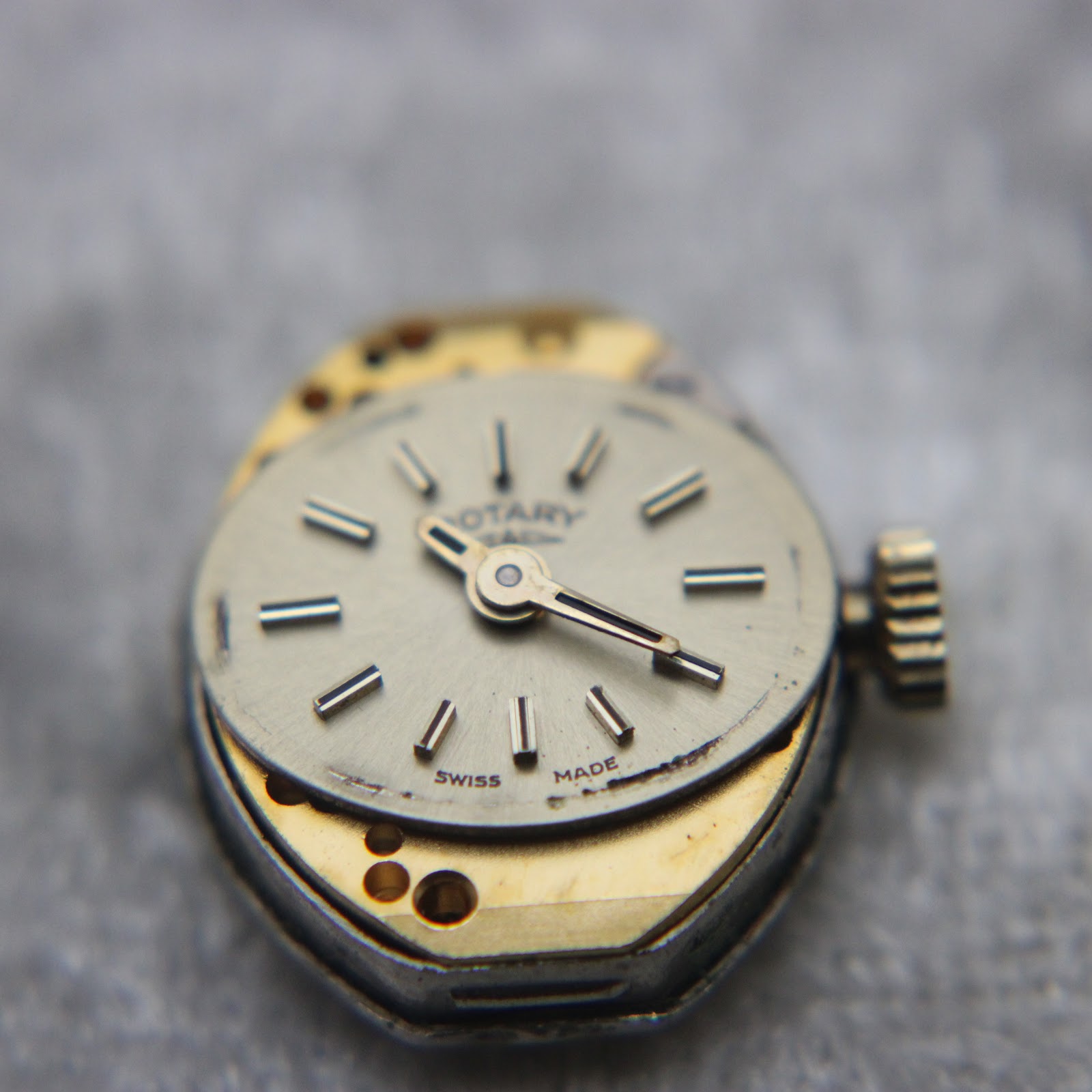 Close-up top-down view of the Rotary dial and movement, removed from the case, showing the 'Swiss Made' text.